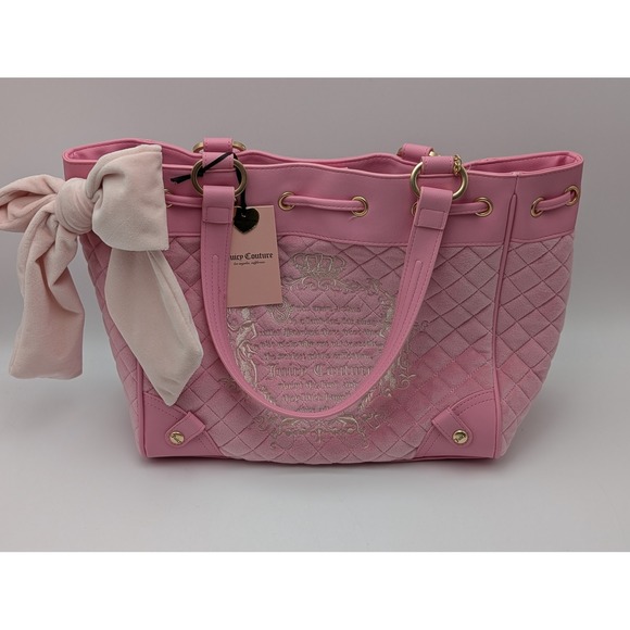 Juicy Couture Tote Women Large Pink Juicy Tale Quilted Velour Y2K Bow Charm Bag - Picture 2 of 11